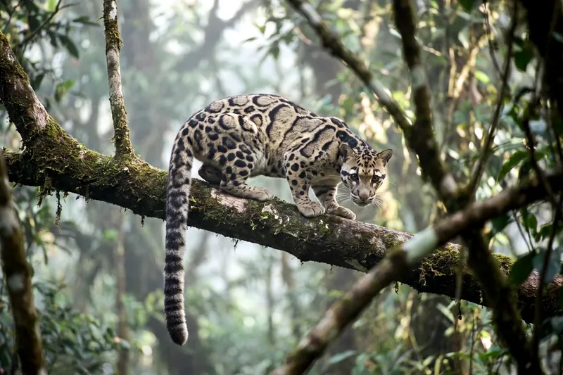 Panthère nébuleuse au pelage jaunâtre marqué de grandes taches nuageuses sombres, à longue queue épaisse, sur une branche en forêt.