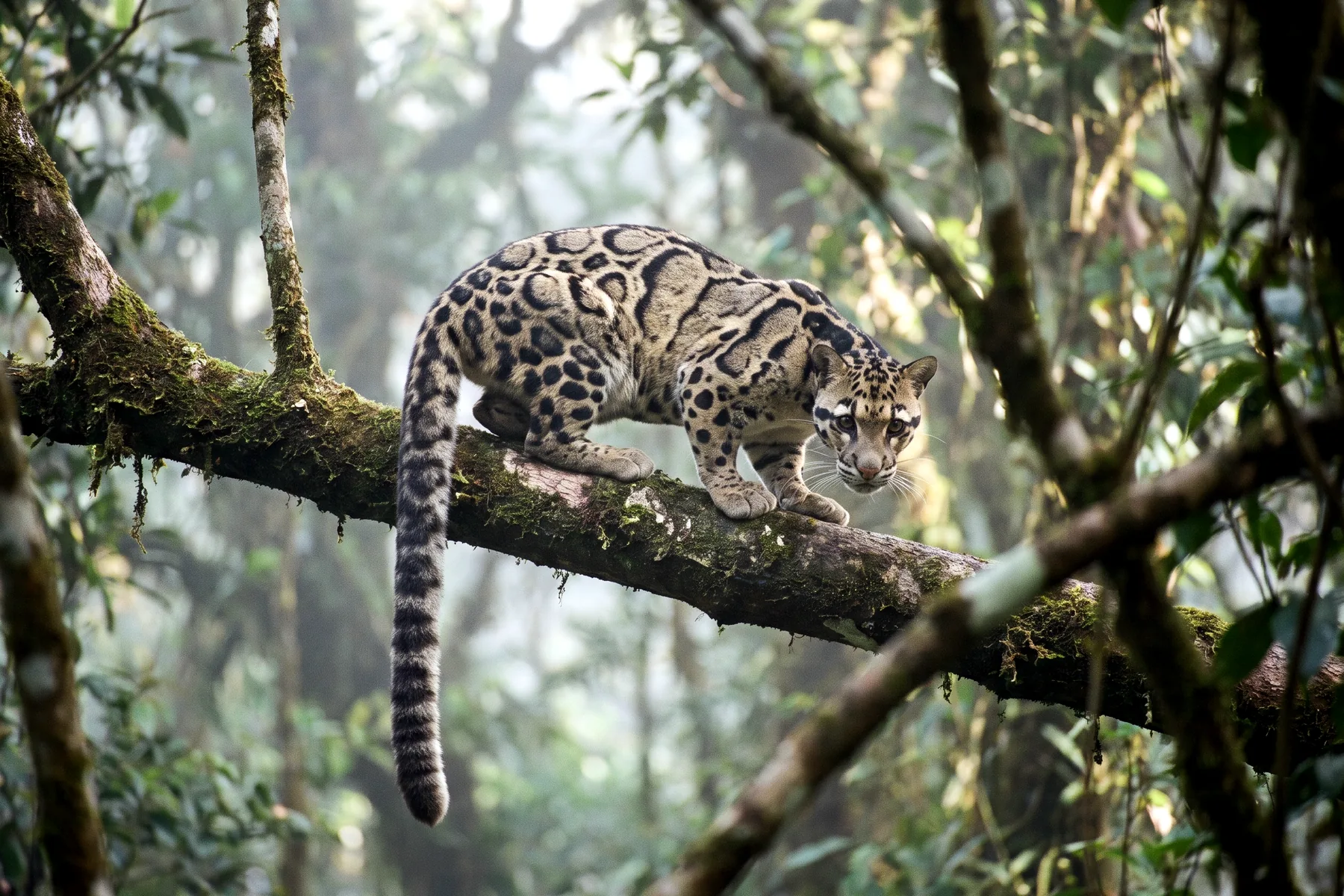 Panthère nébuleuse au pelage jaunâtre marqué de grandes taches nuageuses sombres, à longue queue épaisse, sur une branche en forêt.