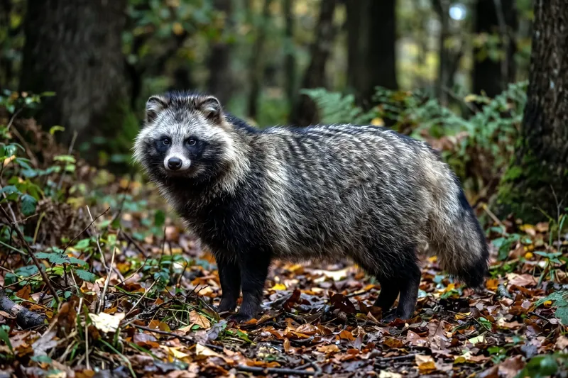 Chien viverrin adulte au pelage gris-brun ébouriffé, masque facial noir autour des yeux et pattes sombres, dans un sous-bois.