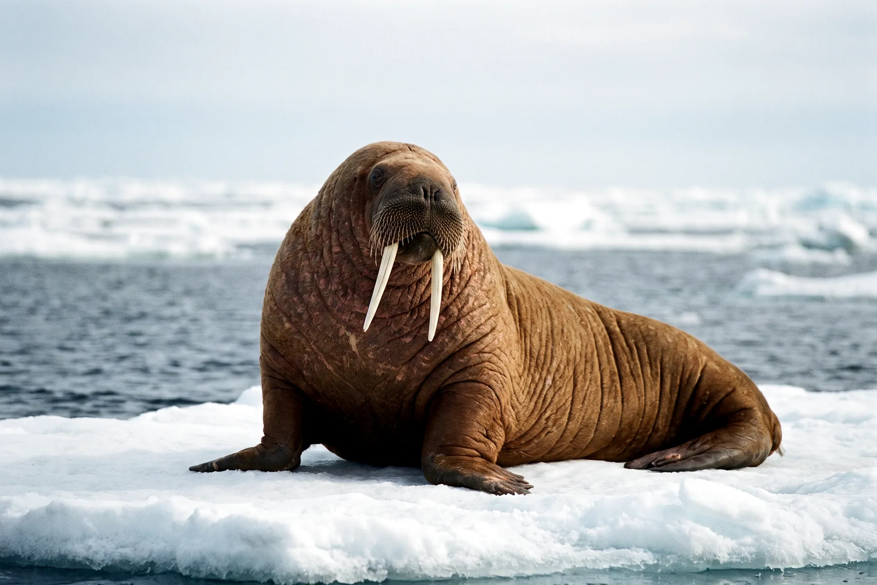 Morse adulte couché sur la glace, peau brune plissée, deux longues défenses blanches et museau garni de nombreuses vibrisses.