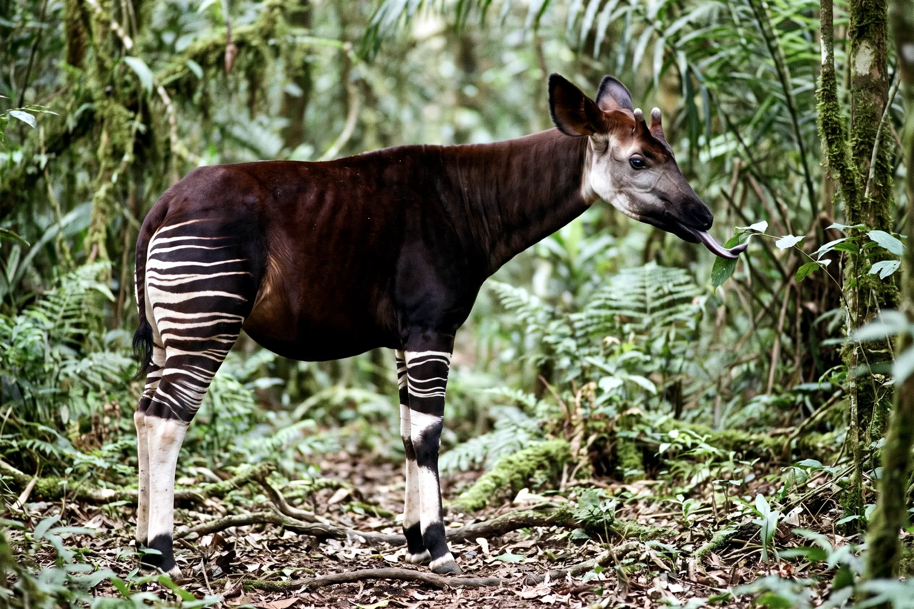 Okapi adulte à robe brun acajou avec rayures blanches et noires sur l'arrière-train et les pattes, dans un sous-bois forestier