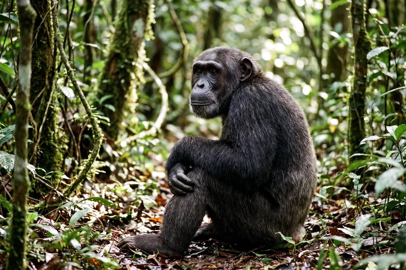Chimpanzé adulte au pelage noir assis dans la végétation, mains reposant sur les genoux, face nue et oreilles saillantes