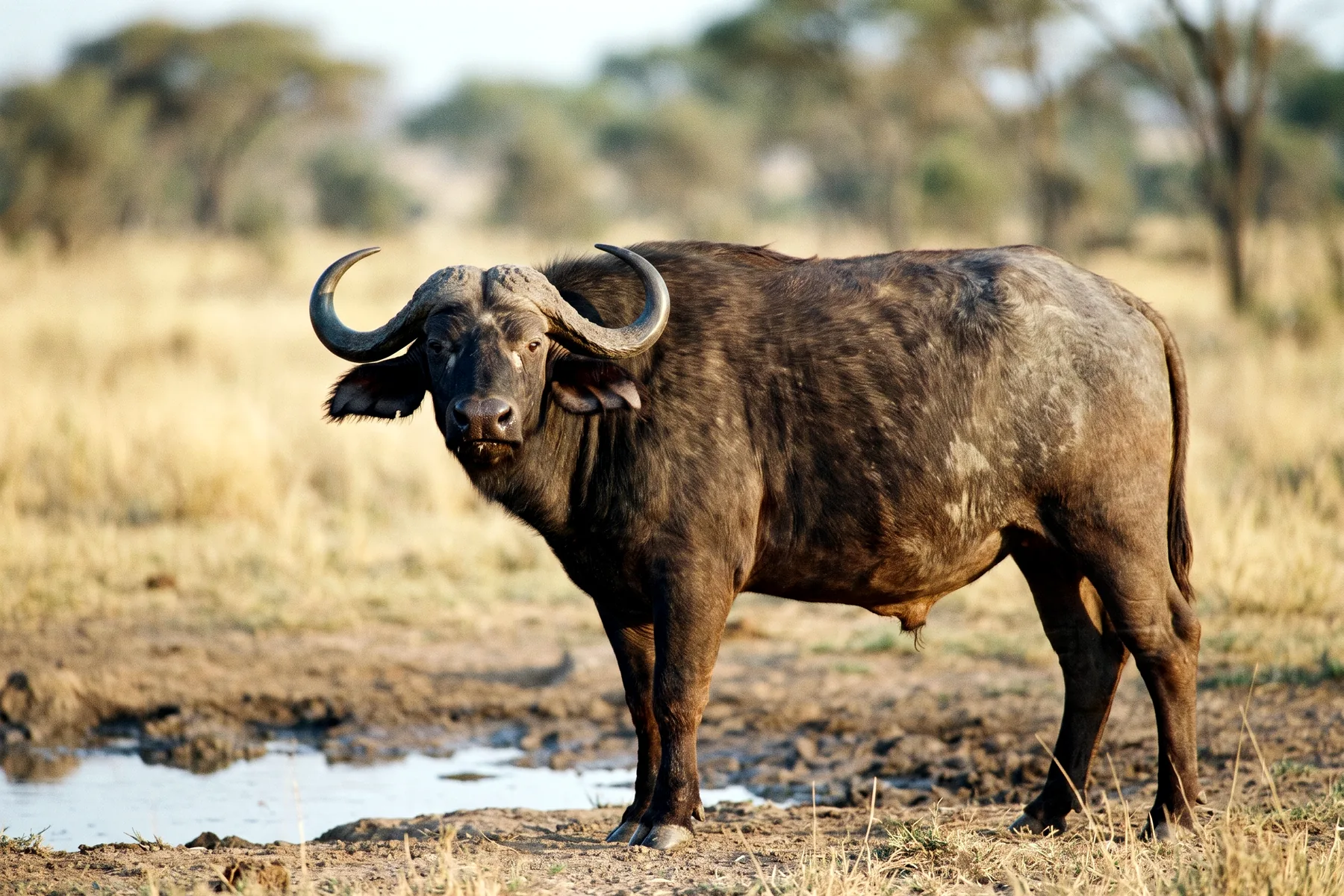 Buffle d'Afrique adulte à la robe brun sombre, tête levée, portant de lourdes cornes soudées formant un casque frontal.