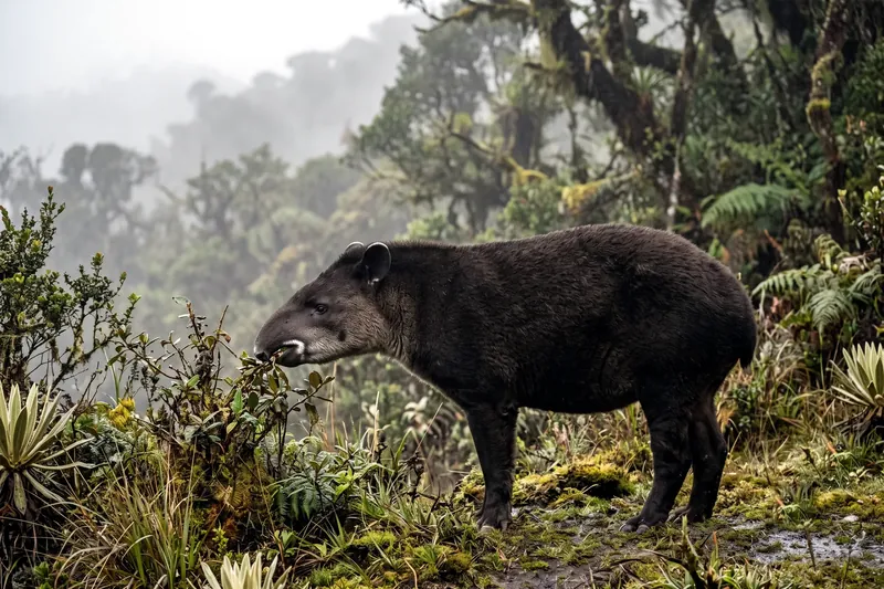 Tapir des montagnes adulte à la robe brun-noir laineuse, museau en trompe court et lèvres blanchâtres, dans une forêt de nuage andine.
