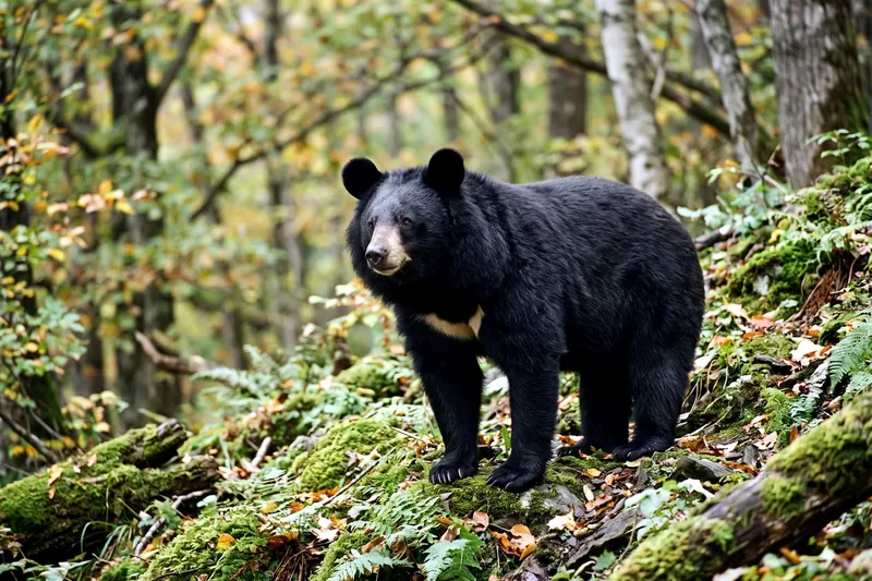 Ours noir au pelage sombre avec une marque blanche en croissant sur le poitrail, museau clair, en milieu forestier.