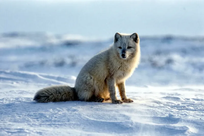 Renard polaire adulte au pelage blanc d'hiver, oreilles courtes et arrondies, queue touffue, assis dans la neige.