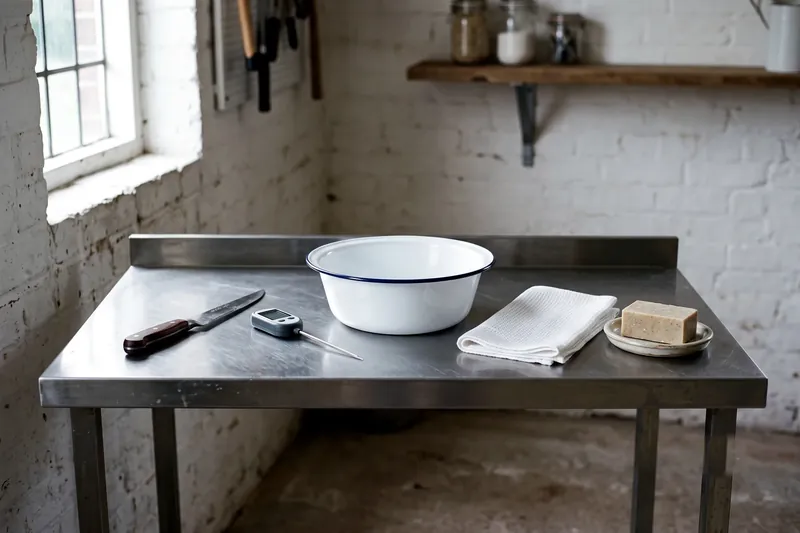 Plan de travail inox propre d'un atelier de découpe fermier, couteau affûté et bassine