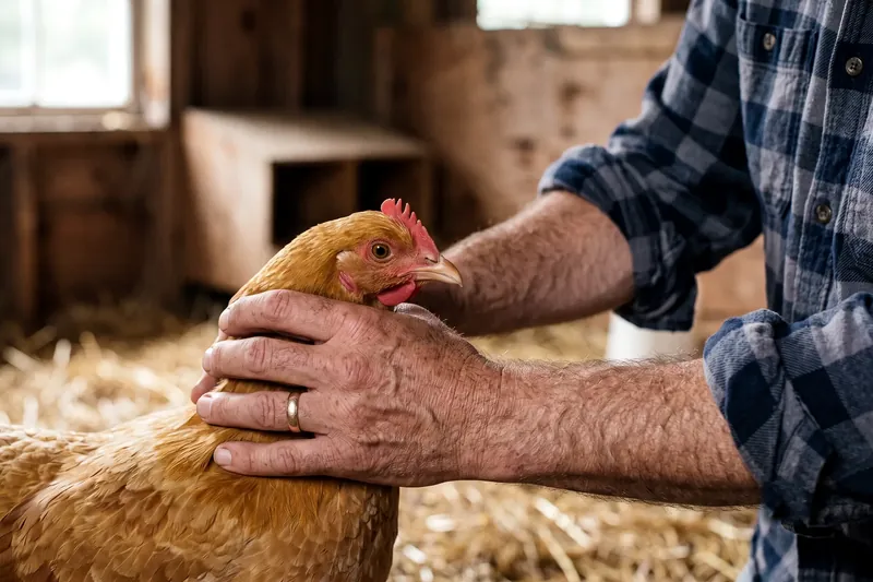 Examen du bec d'une poule tenue calmement, mandibules vues de profil