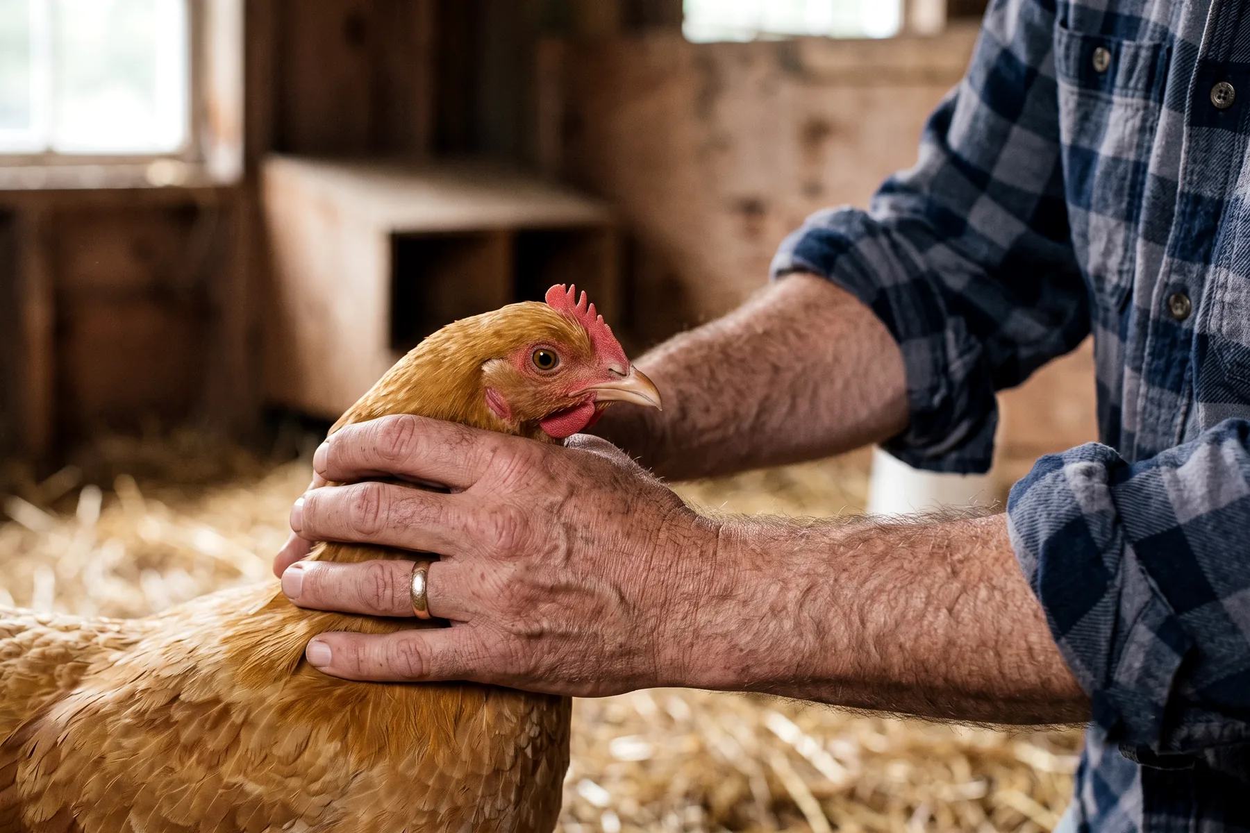 Examen du bec d'une poule tenue calmement, mandibules vues de profil