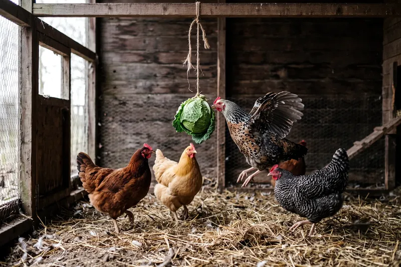 Chou entier suspendu à une ficelle dans un parc, des poules sautant pour le picorer