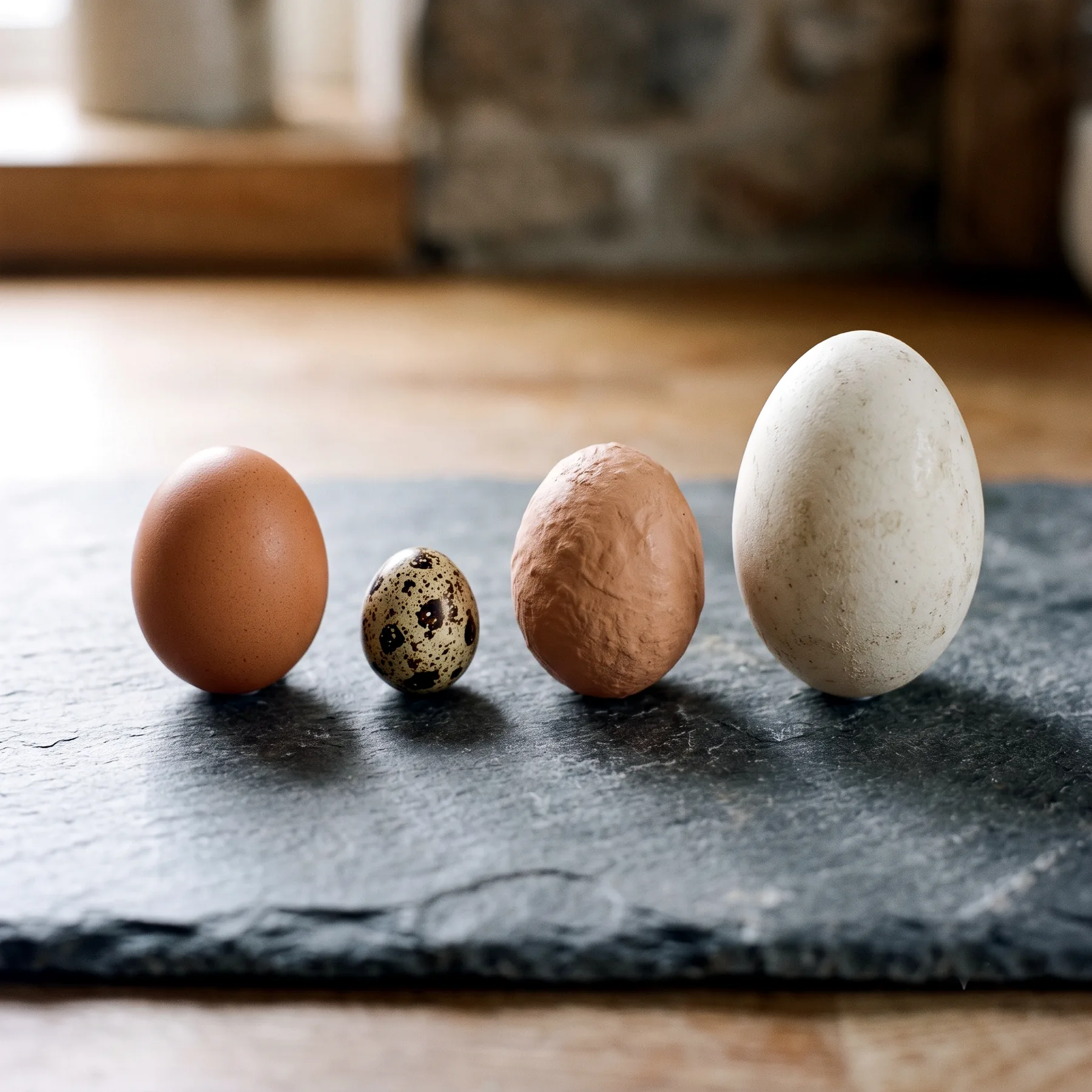 Œufs alignés montrant des différences de taille et de texture de coquille