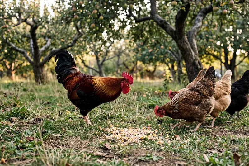 Coq reculant devant une poignée de grain en appelant les poules, tête baissée