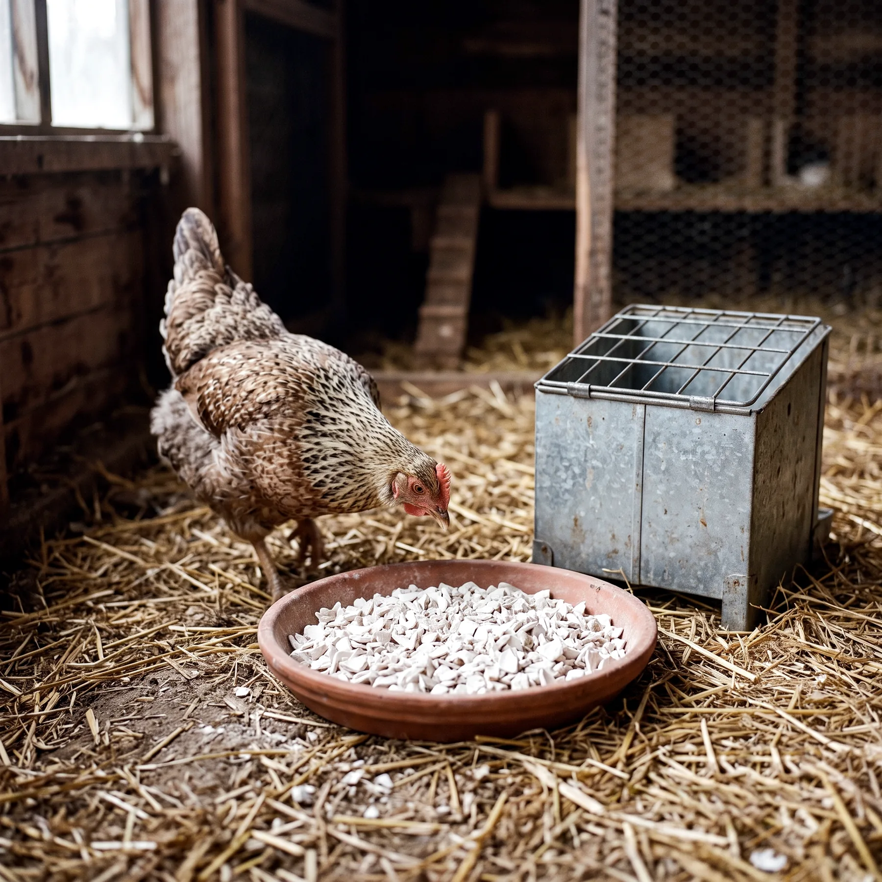 Coupelle de coquilles d'huîtres broyées en libre-service à côté d'une mangeoire