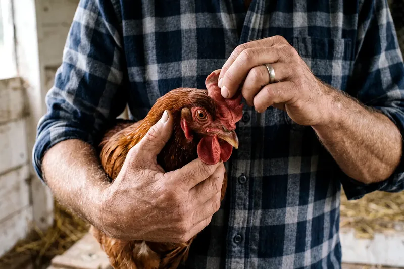 Mains d'éleveur redressant délicatement la crête tombante d'une poule rousse pour l'examiner
