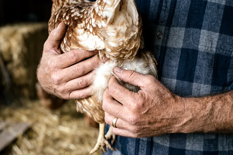 Examen de l'arrière-train d'une poule tenue calmement, plumes du cloaque écartées