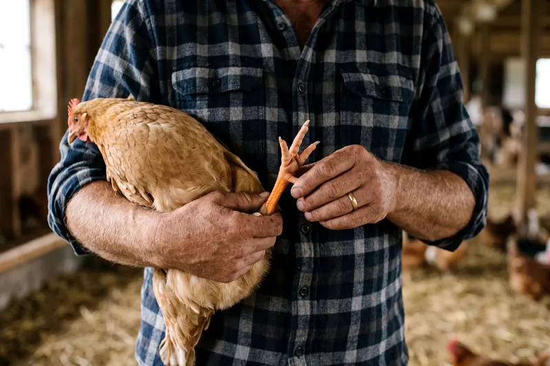 Examen du dessous du pied d'une poule tenue sur le dos, patte tenue entre les doigts