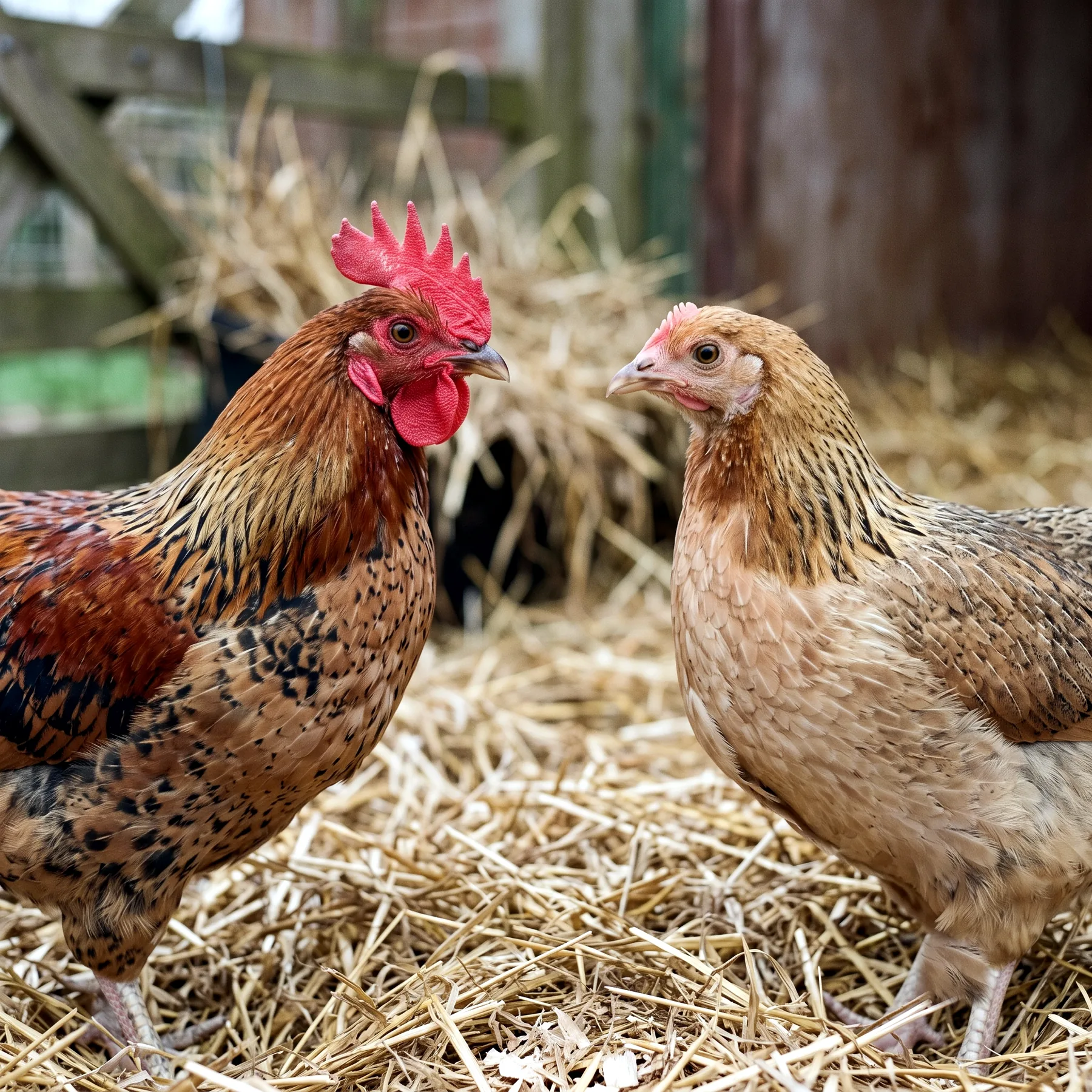 Deux jeunes poulets de même âge côte à côte, crête et barbillons nettement plus développés chez l'un