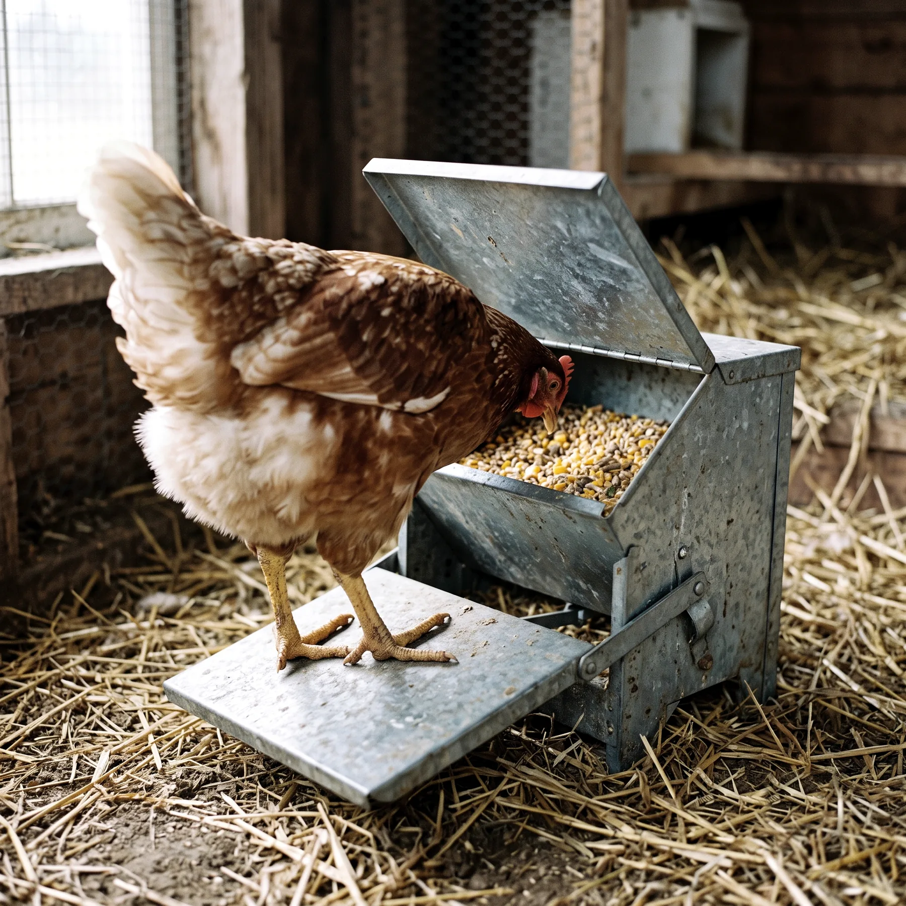 Mangeoire à pédale dont le couvercle s'ouvre sous le poids d'une poule