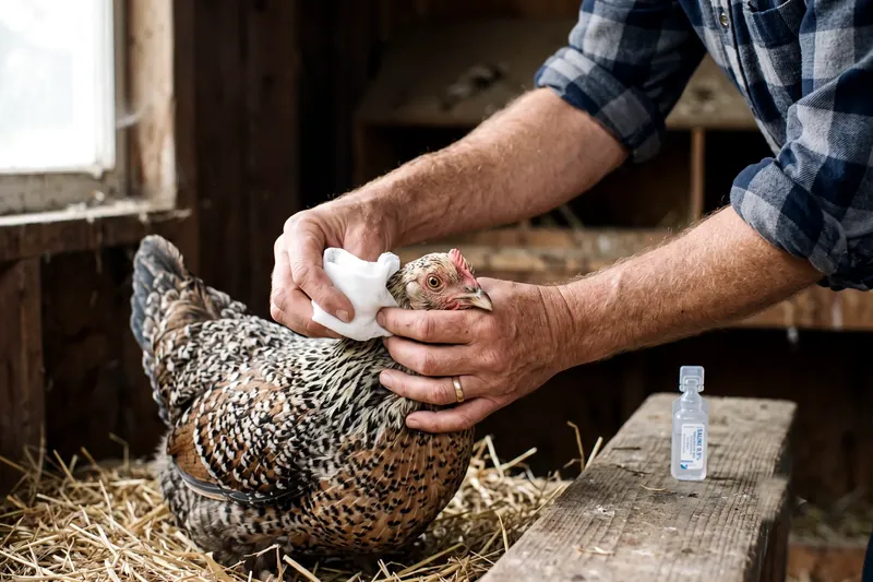 Nettoyage de l'œil d'une poule au sérum physiologique avec une compresse stérile