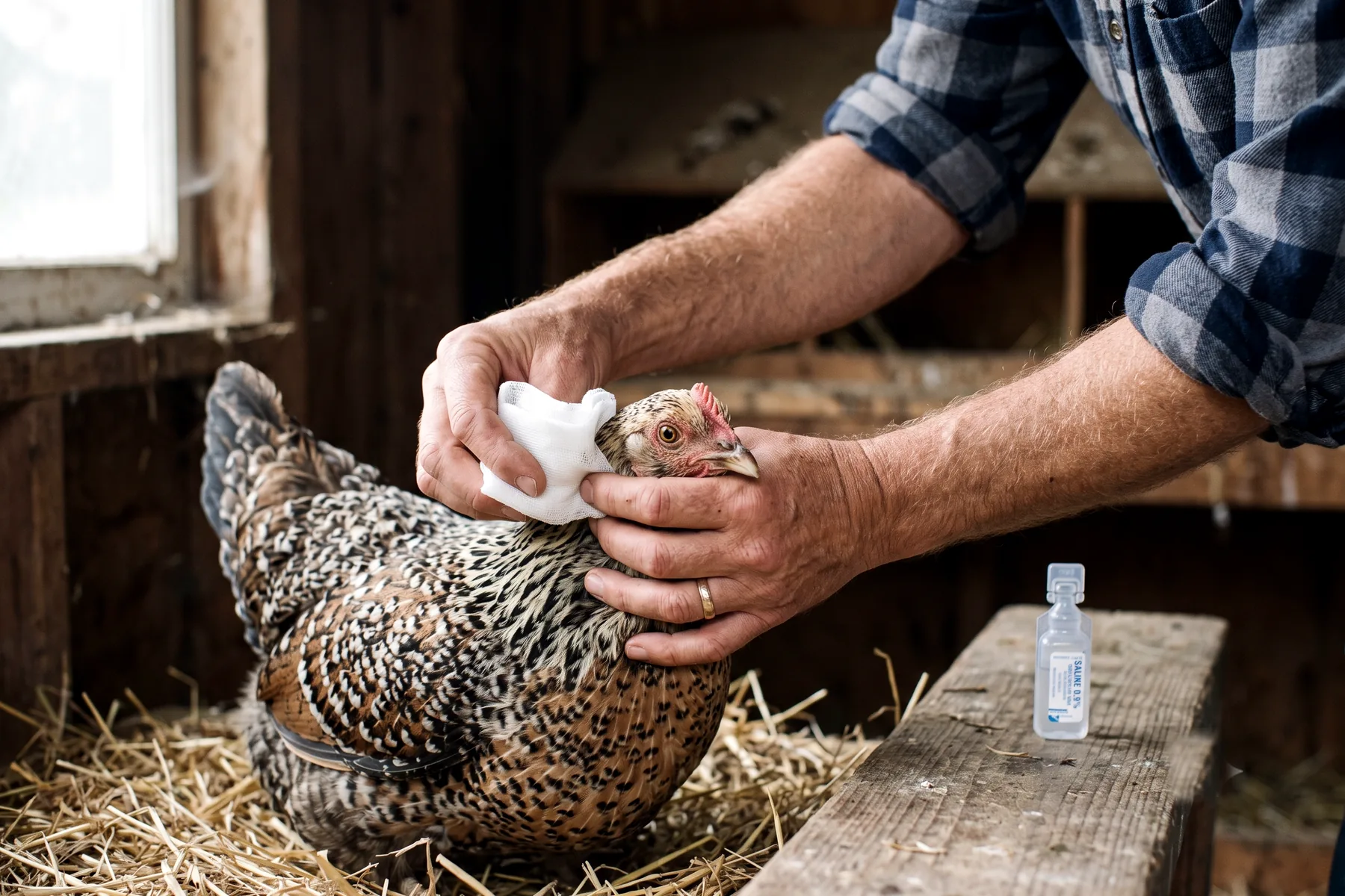 Nettoyage de l'œil d'une poule au sérum physiologique avec une compresse stérile