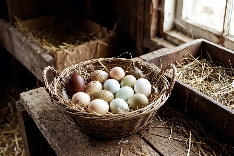 Panier d'œufs frais de couleurs et de tailles différentes, posé près d'un pondoir garni de paille
