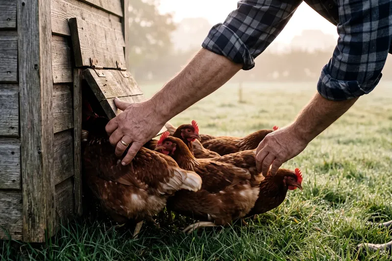 Ouverture de la trappe du poulailler au petit matin, les poules se pressant pour sortir
