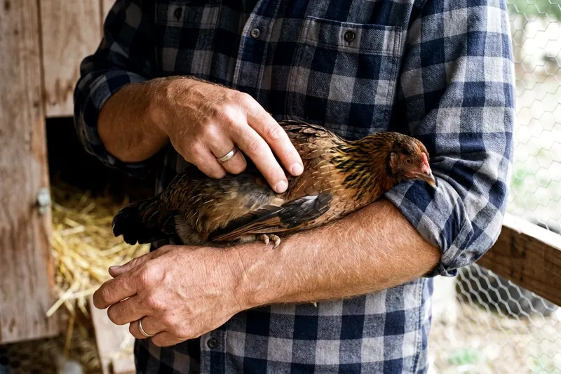 Palpation du bréchet d'une poule tenue contre l'avant-bras pour juger de son état corporel