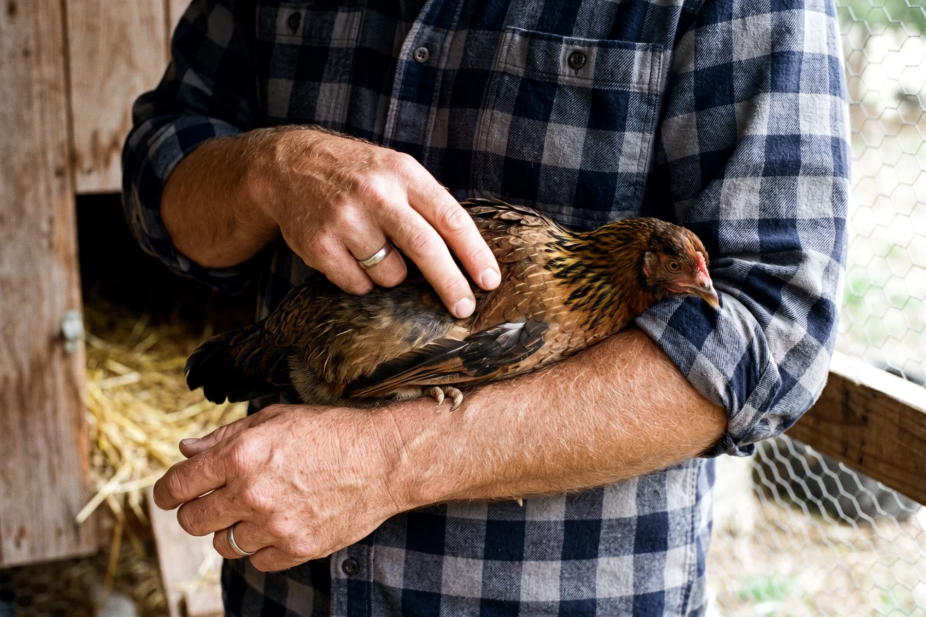 Palpation du bréchet d'une poule tenue contre l'avant-bras pour juger de son état corporel
