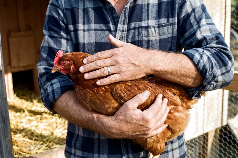 Palpation du jabot d'une poule tenue contre la poitrine, main à plat sous le cou