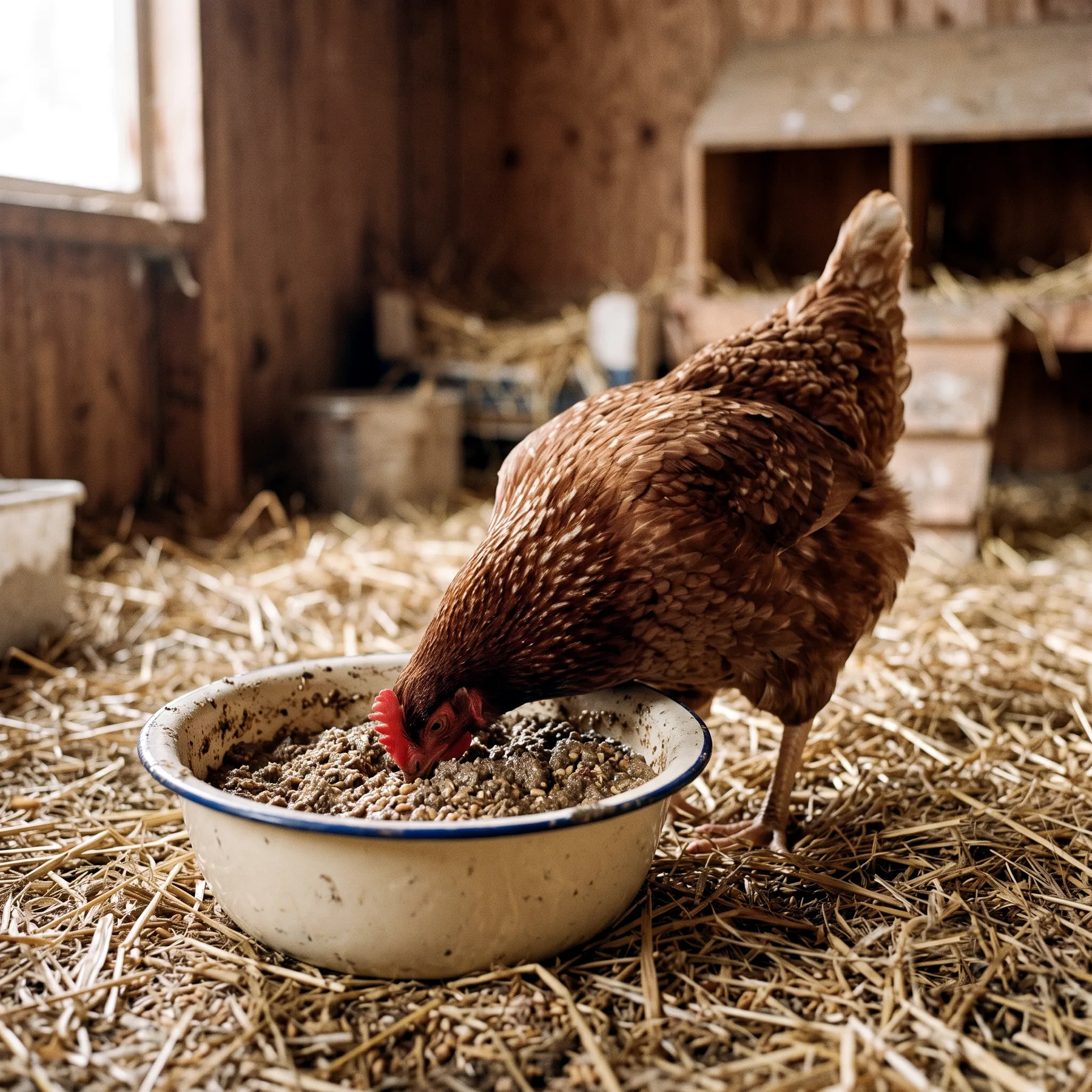 Poule mangeant une pâtée humide dans un récipient profond