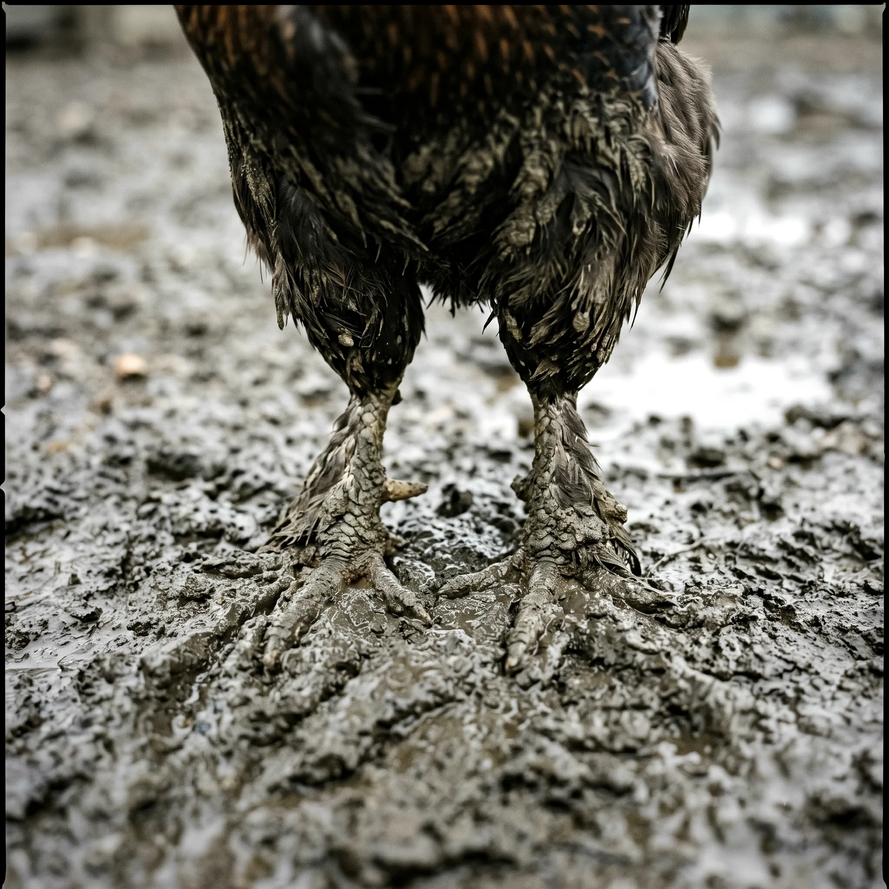 Pattes emplumées d'une poule alourdies par des boules de terre argileuse gelée