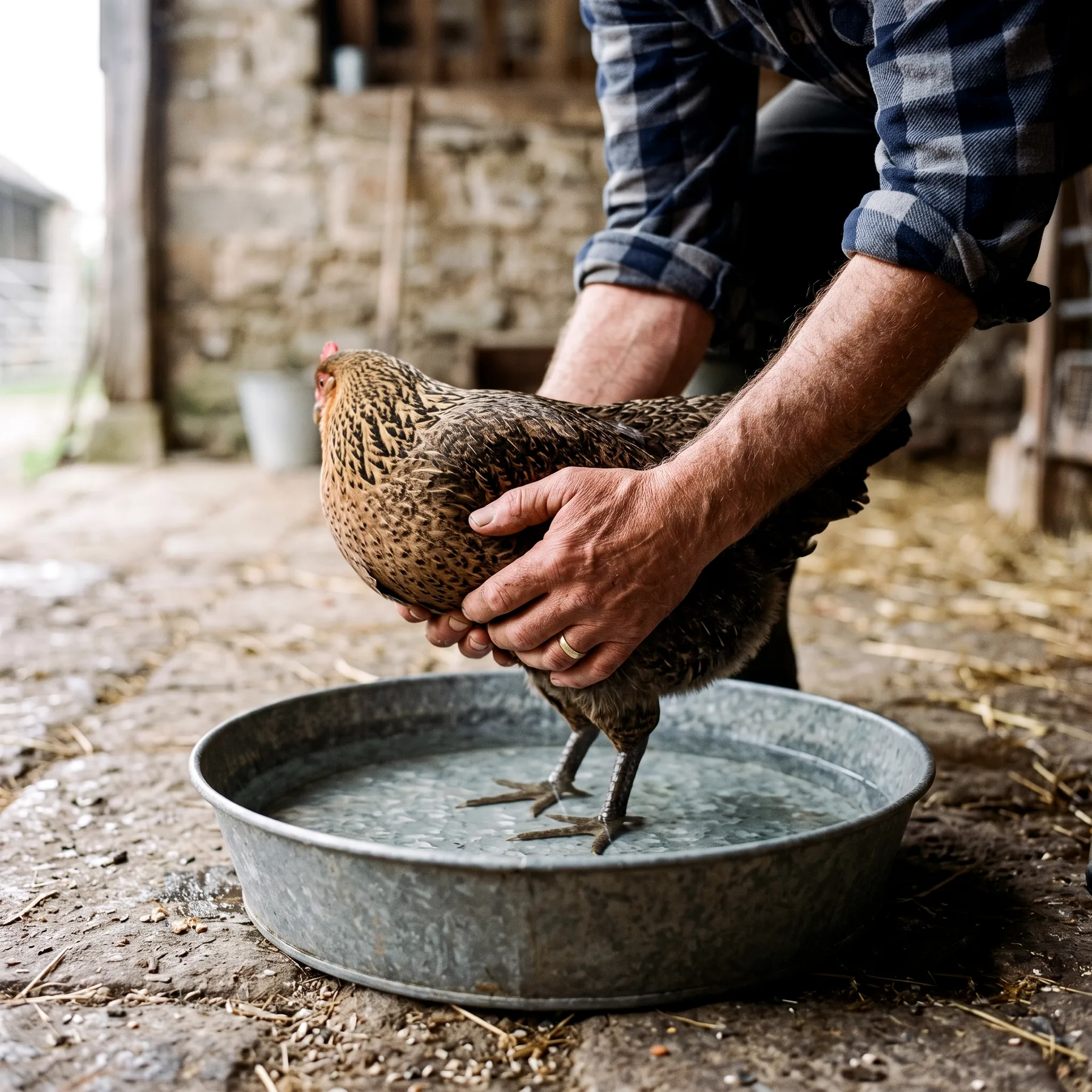 Pattes d'une poule immergées dans quelques centimètres d'eau fraîche au fond d'une bassine