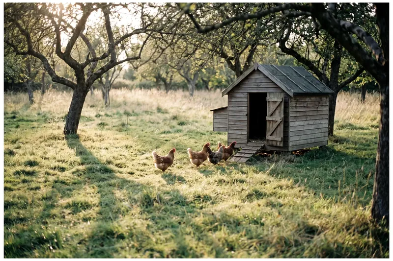 Poulailler dans un verger en fin de journée, quelques poules regagnant l'abri au calme