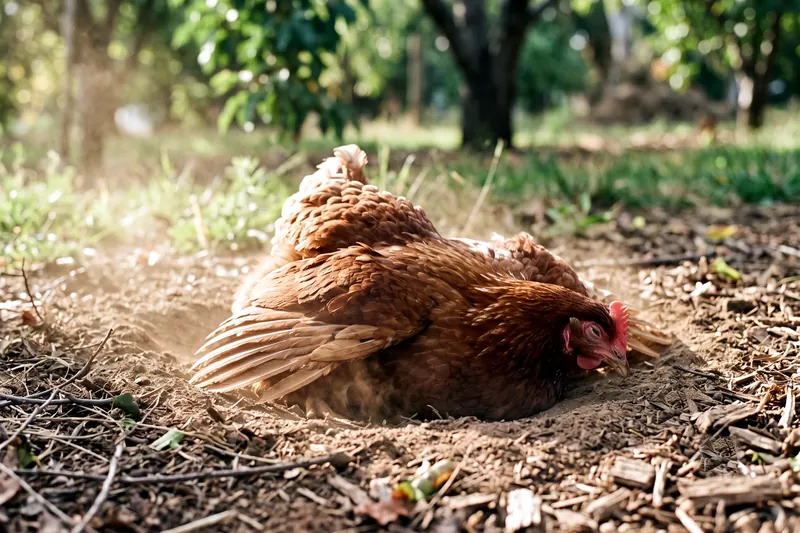 Poule étalée sur le flanc dans un bain de poussière au soleil, yeux mi-clos