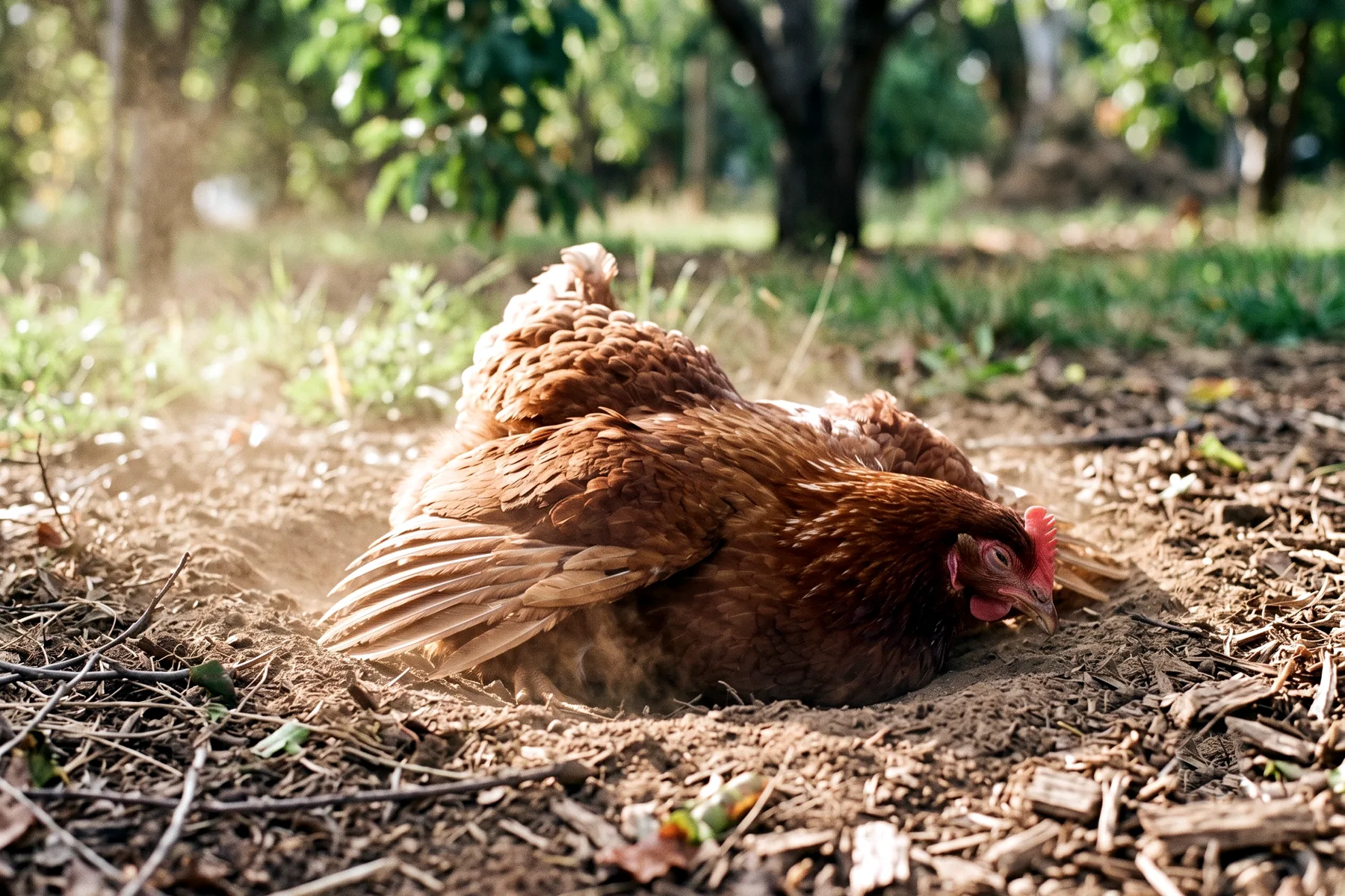 Poule étalée sur le flanc dans un bain de poussière au soleil, yeux mi-clos
