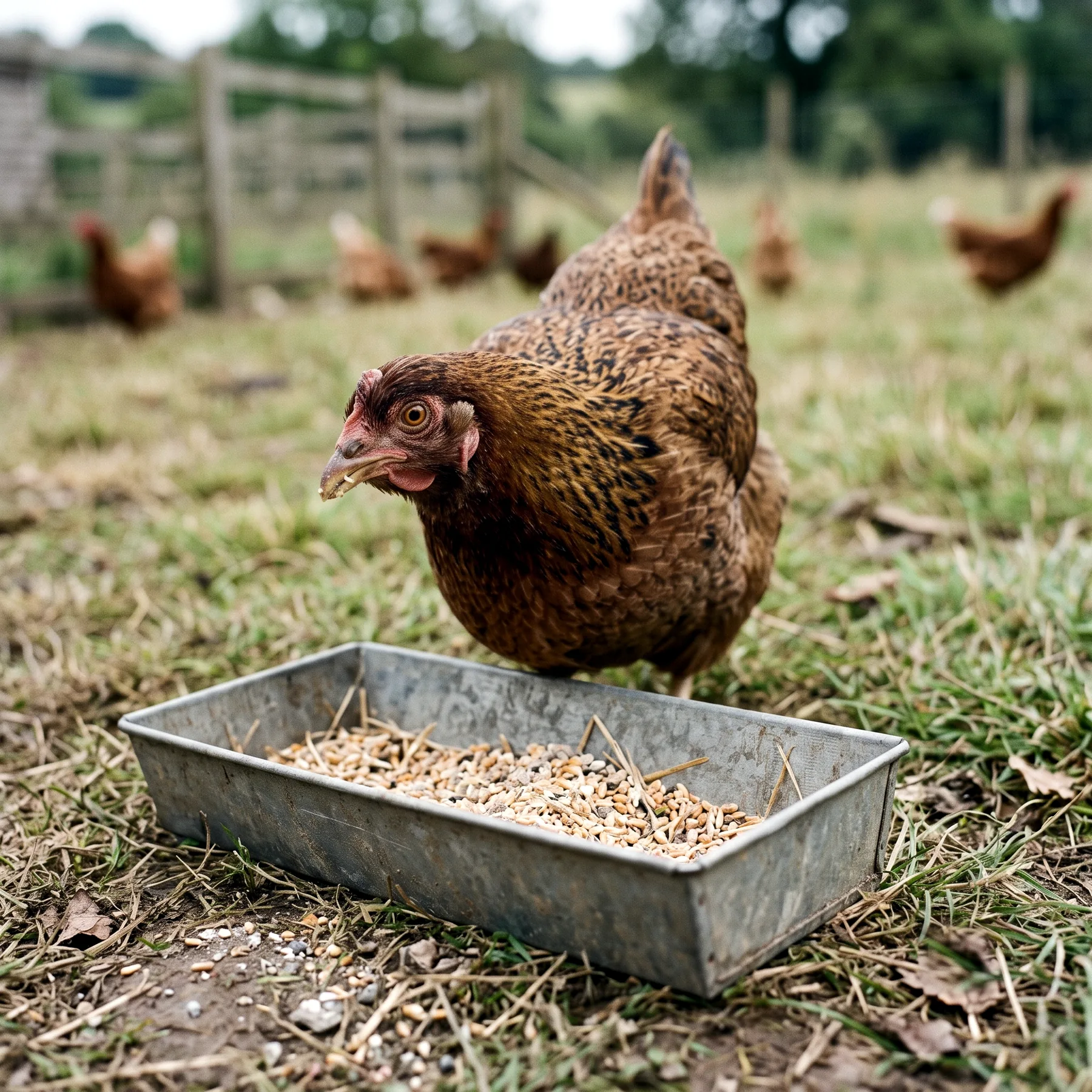 Poule borgne mangeant dans une mangeoire large, la tête tournée de côté