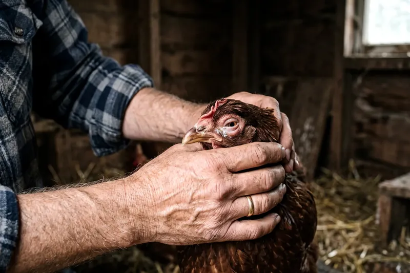 Tête de poule atteinte de coryza, œil gonfié et écoulement nasal visible