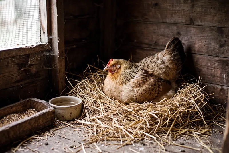 Poule couveuse installée seule sur son nid dans un petit poulailler de maternité