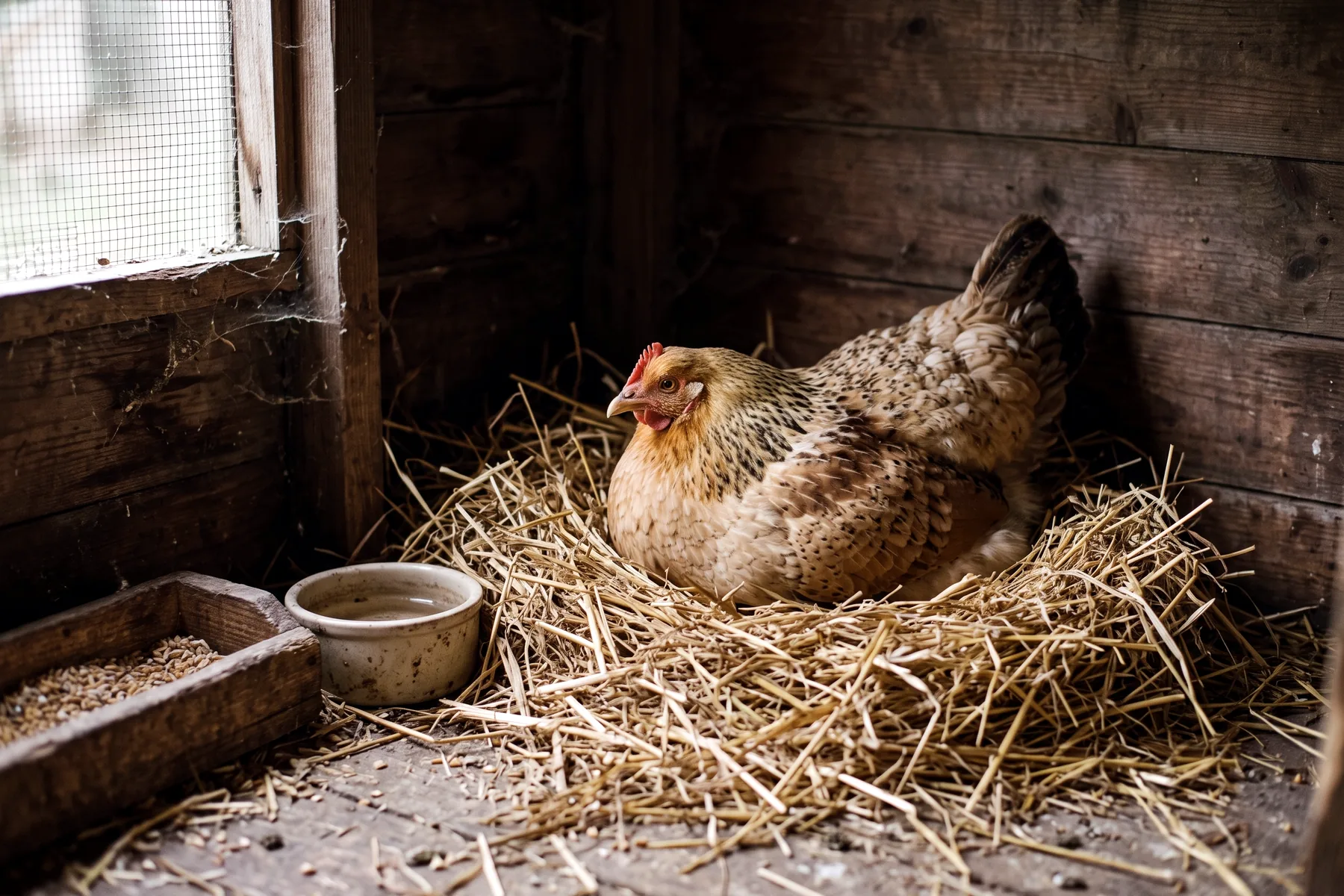 Poule couveuse installée seule sur son nid dans un petit poulailler de maternité