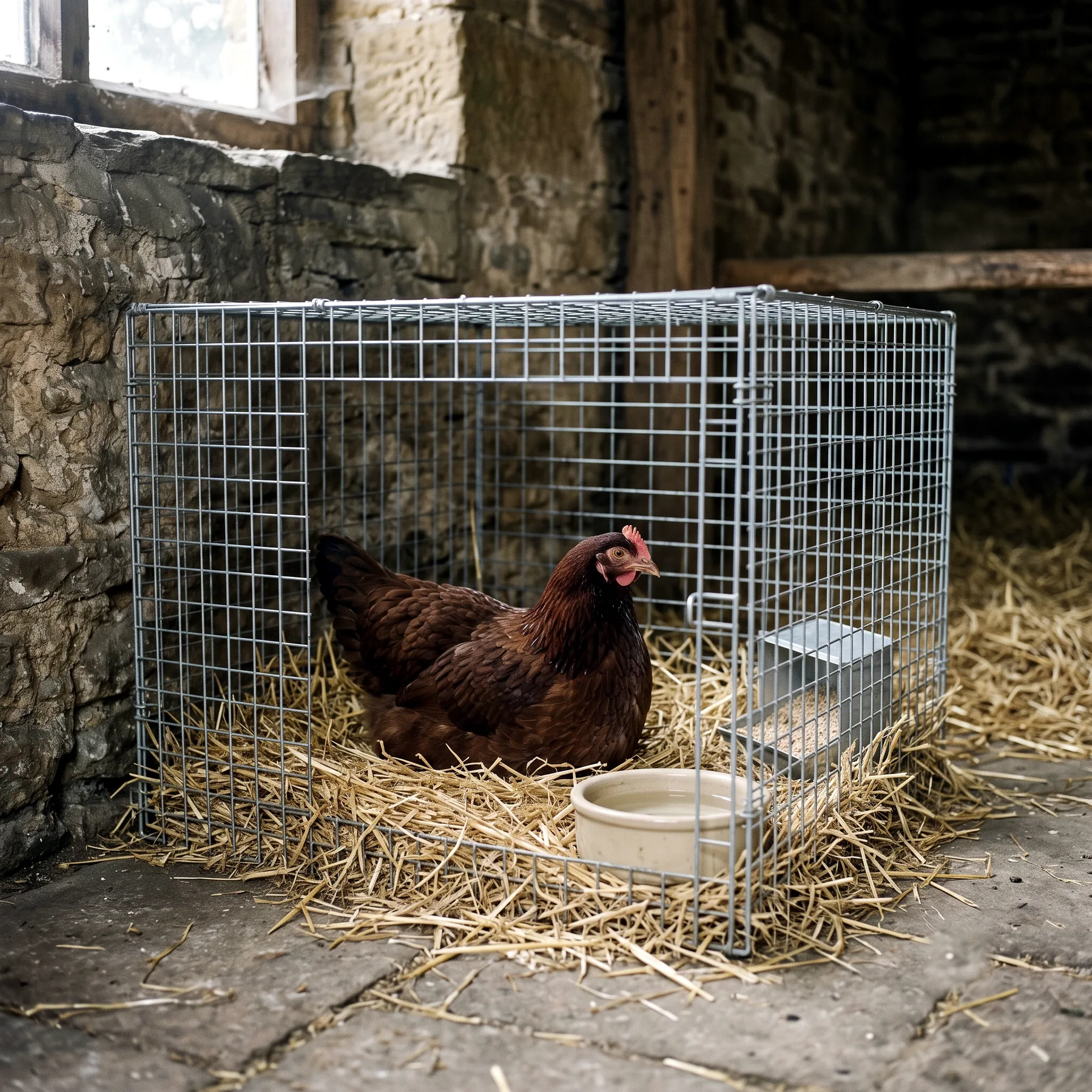 Poule isolée dans une grande cage installée au frais dans une grange