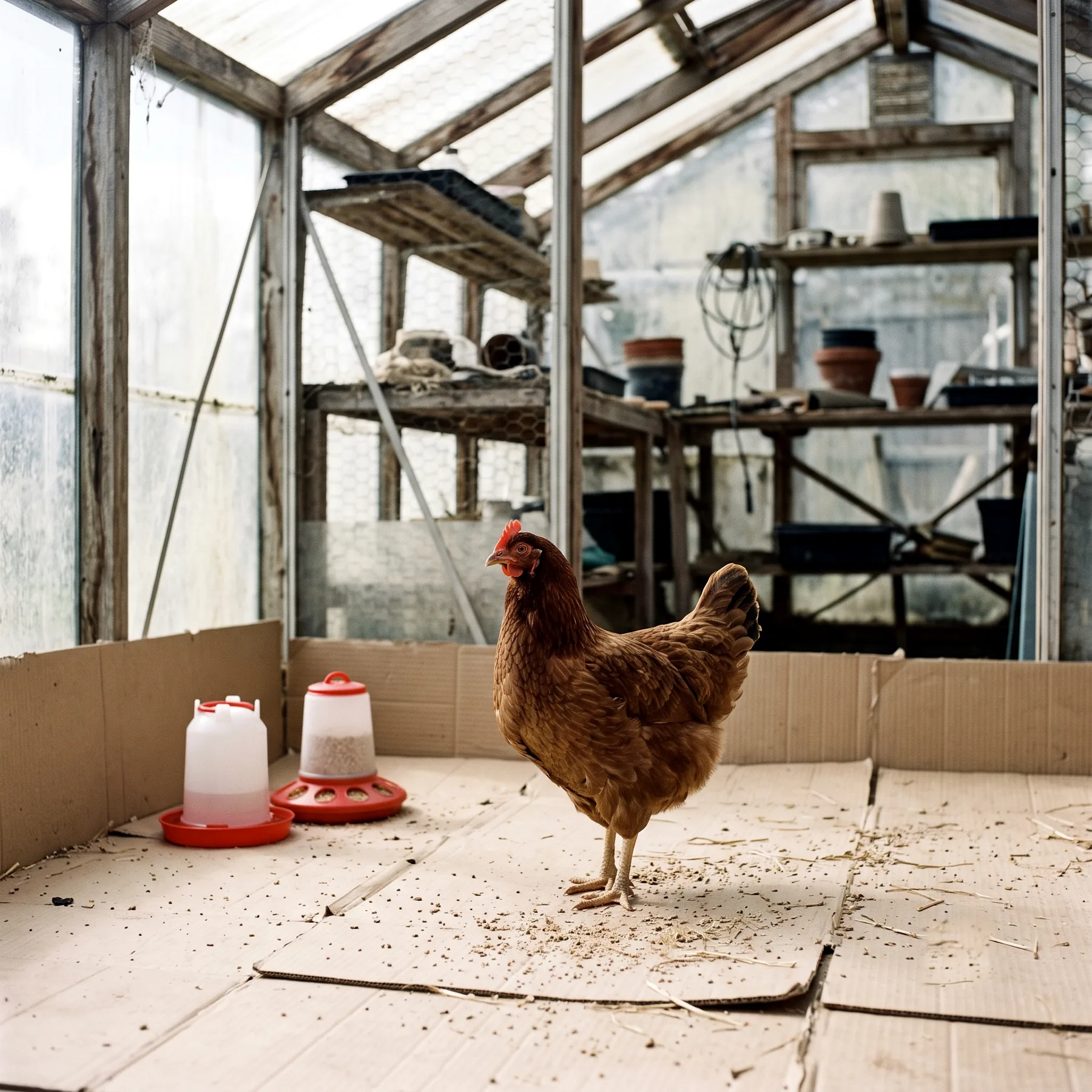 Poule isolée dans un local sec et abrité, sur une litière de carton propre