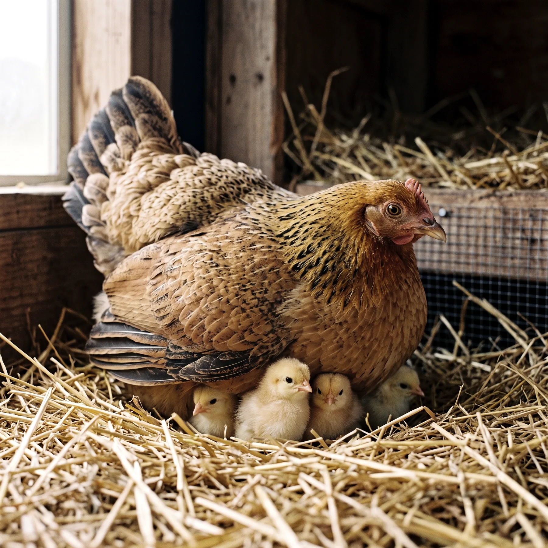 Poule mère abritant ses poussins sous ses ailes sur une litière de paille