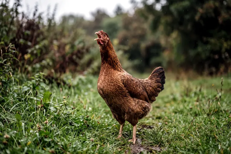 Poule au cou tendu vers le haut, bec grand ouvert, dans l'attitude typique du bâillement de la syngamose