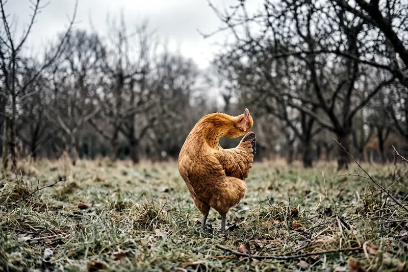 Poule au cou tordu, la tête renversée vers l'arrière, immobile dans un parc herbeux