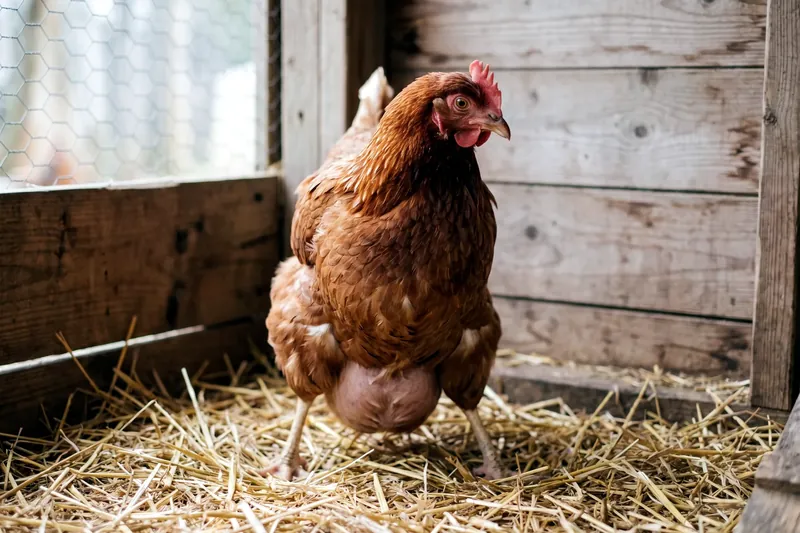 Poule au ventre distendu se tenant très droite, pattes écartées, dans la posture dite du pingouin