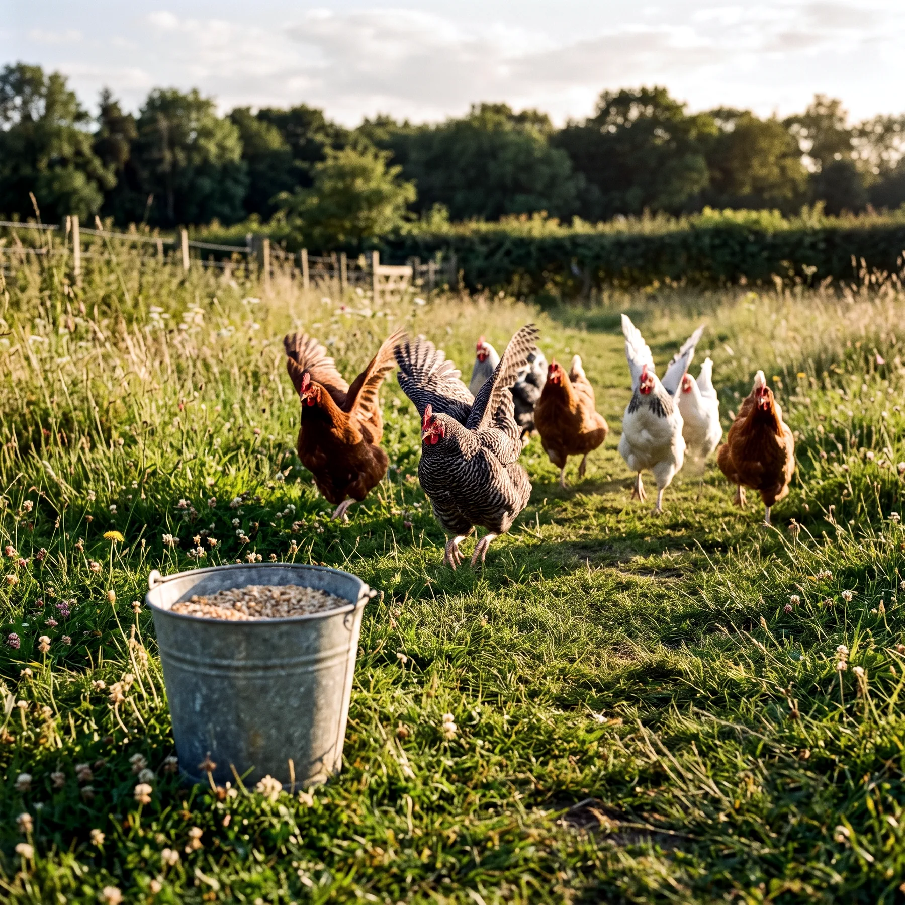 Poules accourant à travers le pré vers le seau de grain en fin de journée
