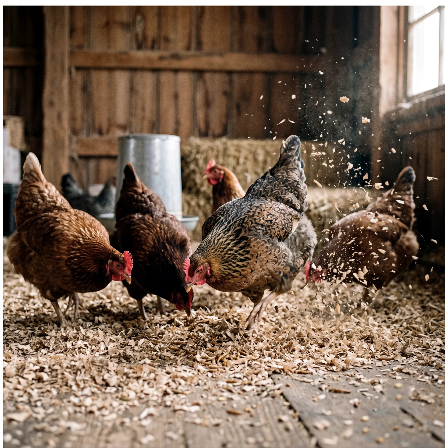 Poules grattant activement une litière de copeaux sèche à la recherche d'insectes séchés
