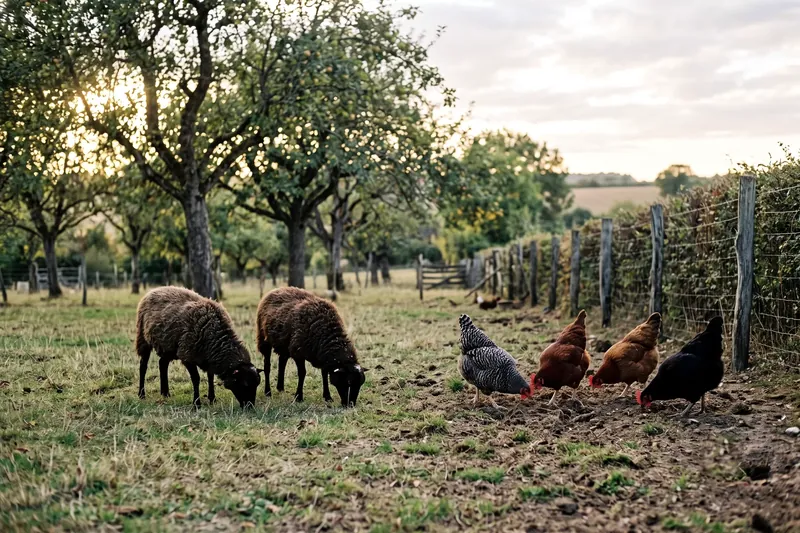 Poules grattant autour de moutons d'Ouessant dans un verger clôturé