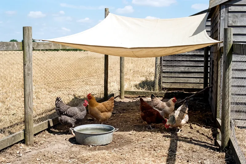 Poules réfugiées à l'ombre sous une voile d'ombrage tendue au-dessus du parcours