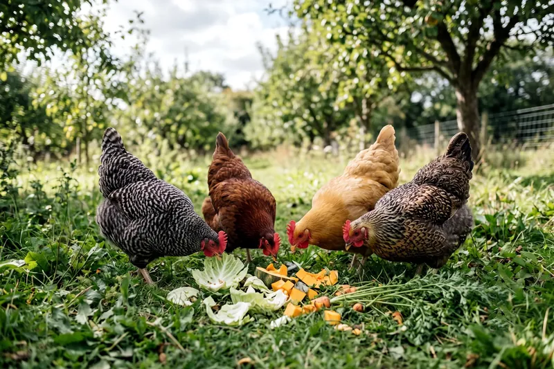 Poules picorant des épluchures de légumes déposées sur l'herbe d'un parcours